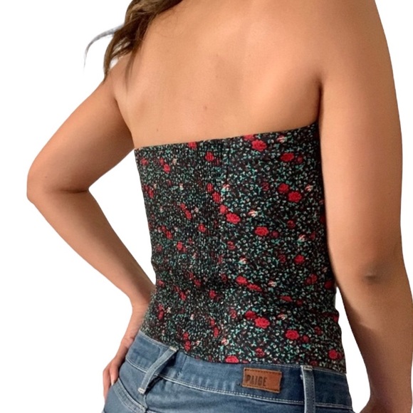 Urban Outfitters Red & Green Floral Front Zip Tuxedo Bustier Strapless Tank Top - Picture 14 of 15